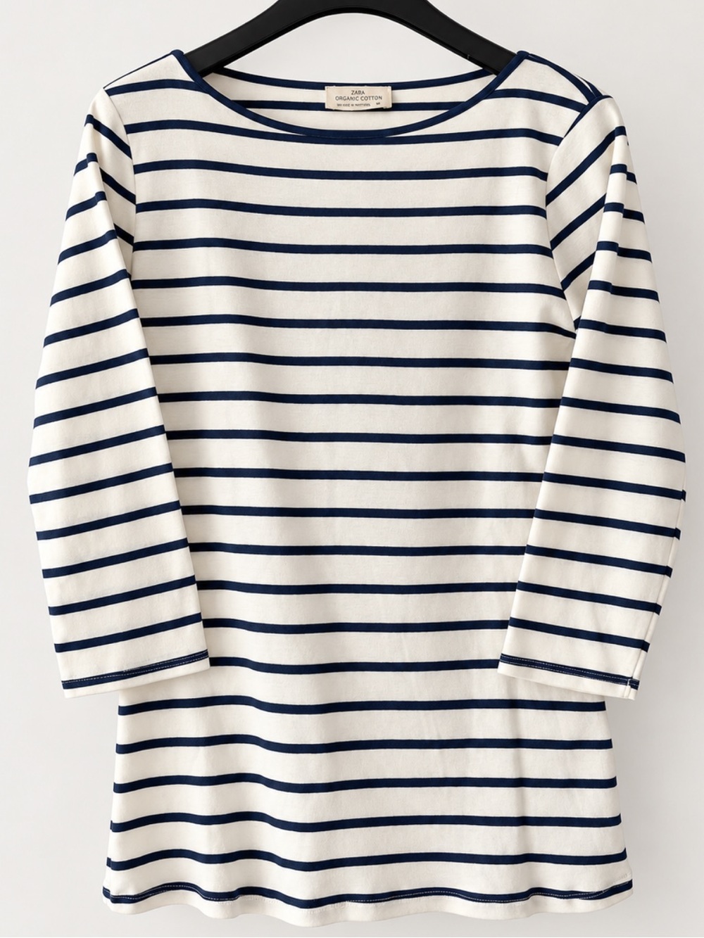 Zara Organic Cotton Breton Stripe Boatneck Top Off White Navy L